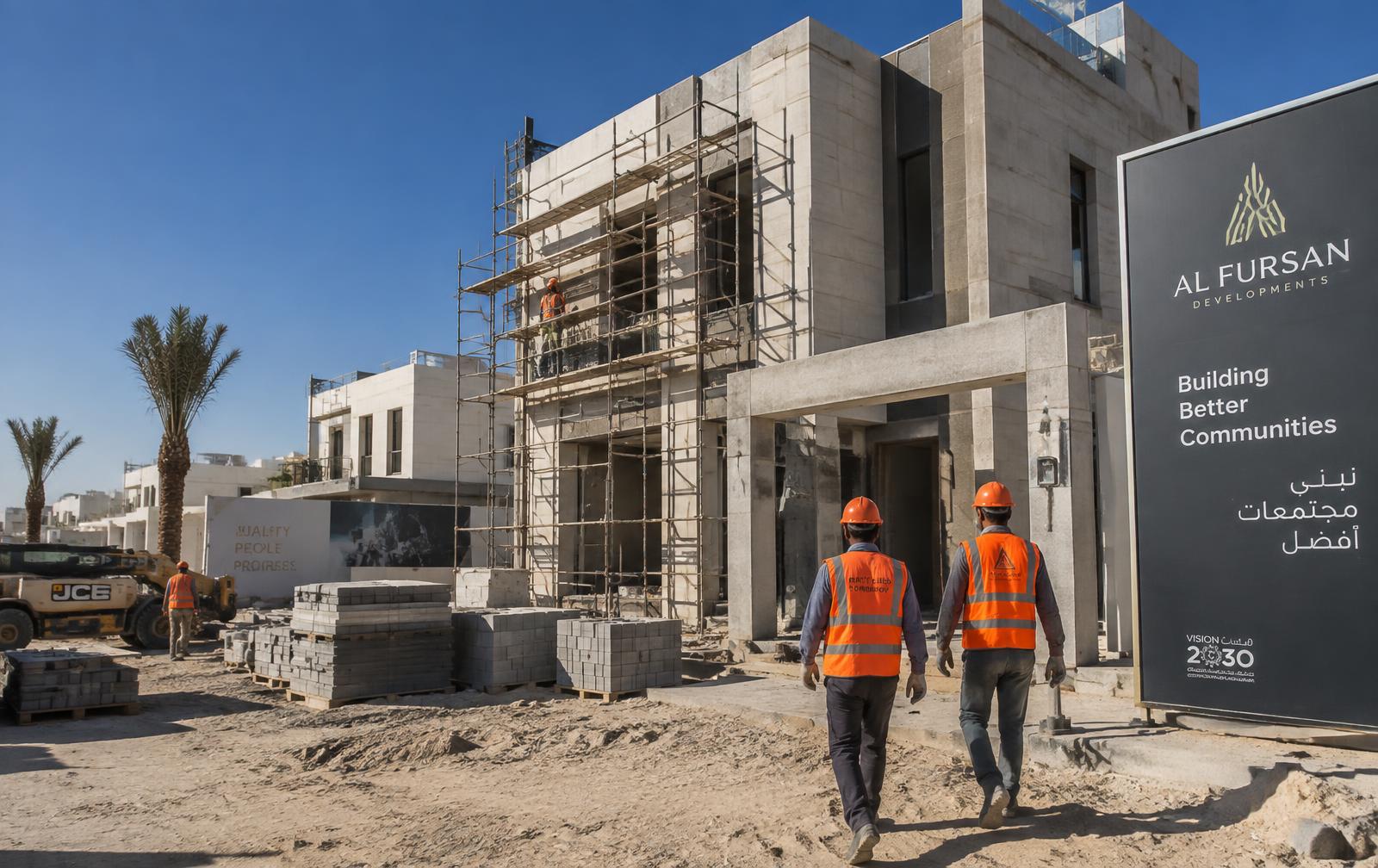 موقع بناء لفيلا سكنية قيد التنفيذ في مدينة تبوك مع فريق عمل بخوذ السلامة